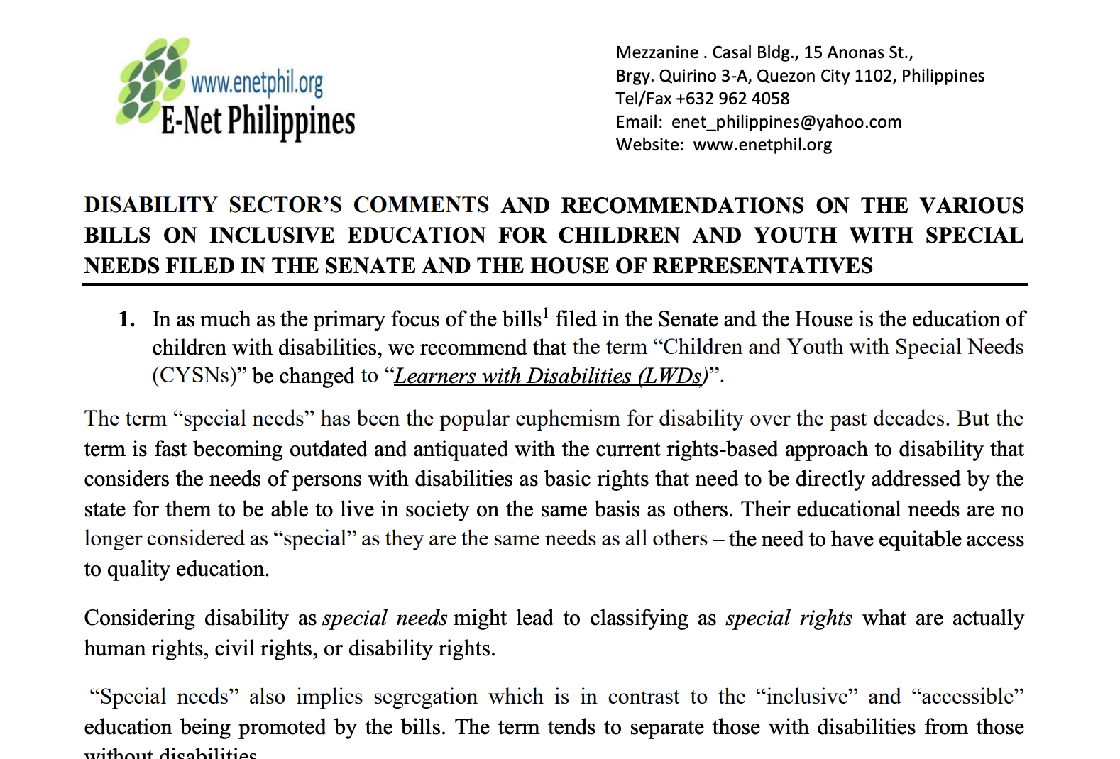 Read more about the article Disability Sector’s Comments and Recommendations on the Various Bills on Inclusive Education for Children and Youth with Special Needs Filed in the Senate and the House of Representatives