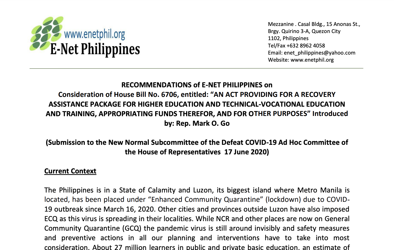 Read more about the article Recommendations on Consideration of House Bill No. 6707, entitled “An Act Providing for a Recovery Assistance Package for Higher Education and Technical-Vocational Education and Training, Appropriating Funds Therefor, and for other purposes