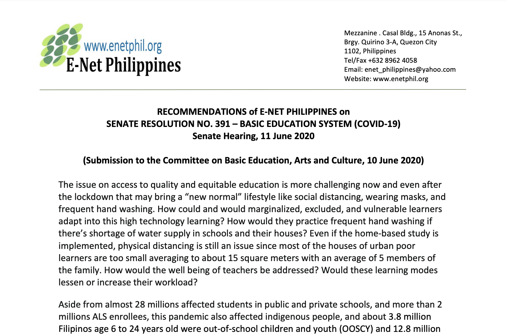 Read more about the article Recommendations on Senate Resolution No. 391- Basic Education System (COVID-19)