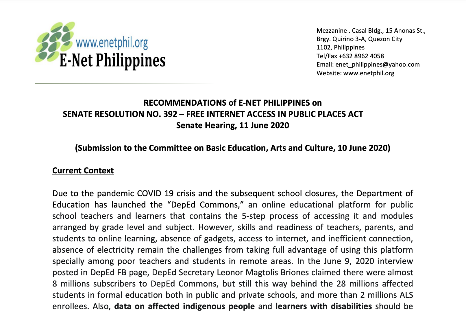 Read more about the article Recommendations on Senate Resolution 392 – Free Internet Access in Public Spaces Act