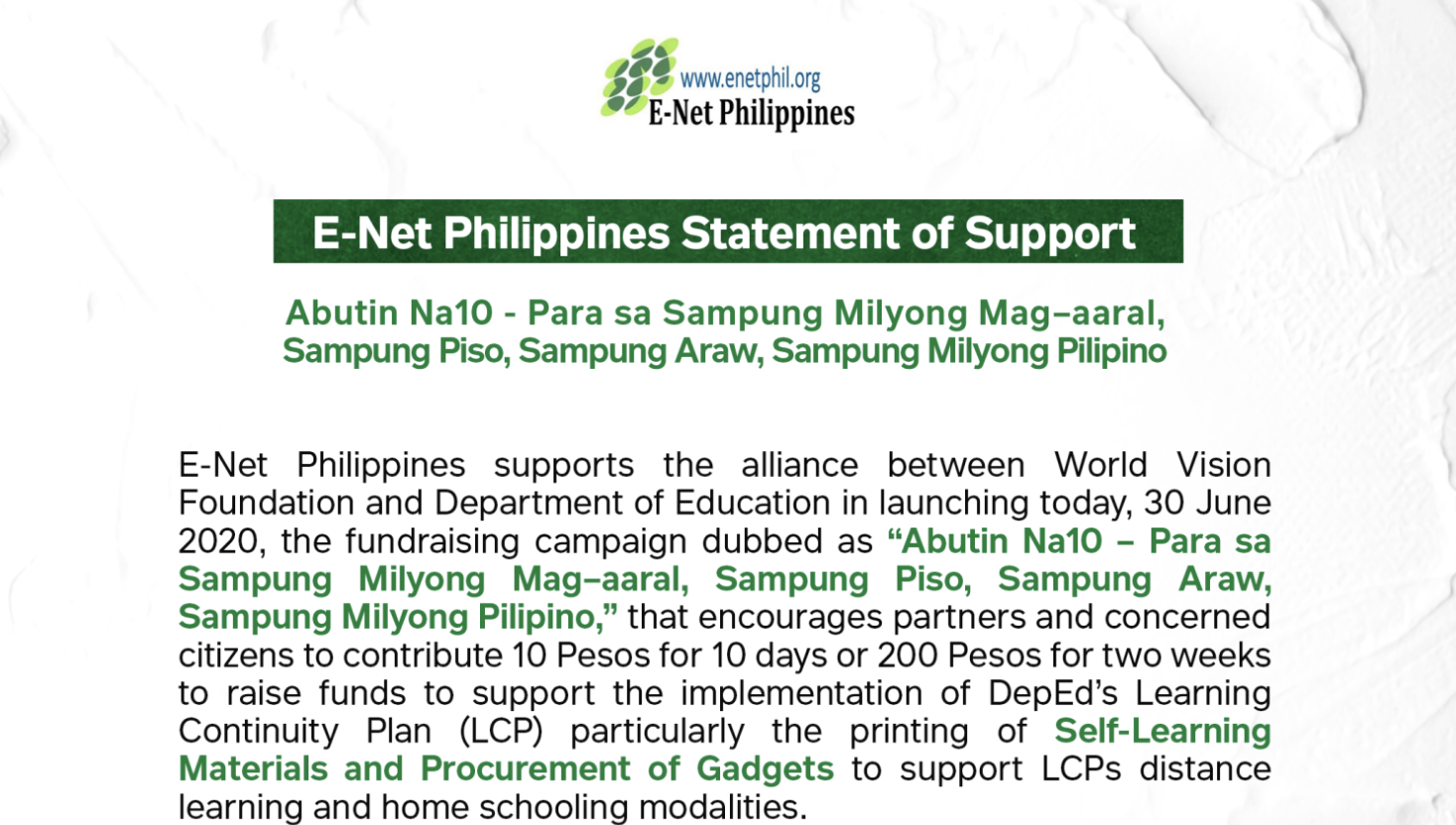 Read more about the article Statement of Support on Abutin Na10 – Para sa Sampung Milyong Mag-aaral, Sampung Piso, Sampung Araw, Sampung Milyong Pilipino