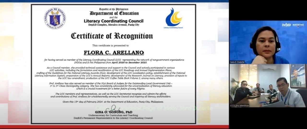 Read more about the article E-Net Philippines National Executive Board member, Prof. Flora C. Arellano was awarded a certificate of recognition for having served as a council member (NGO Representative) of LCC from 2021 to 2024.