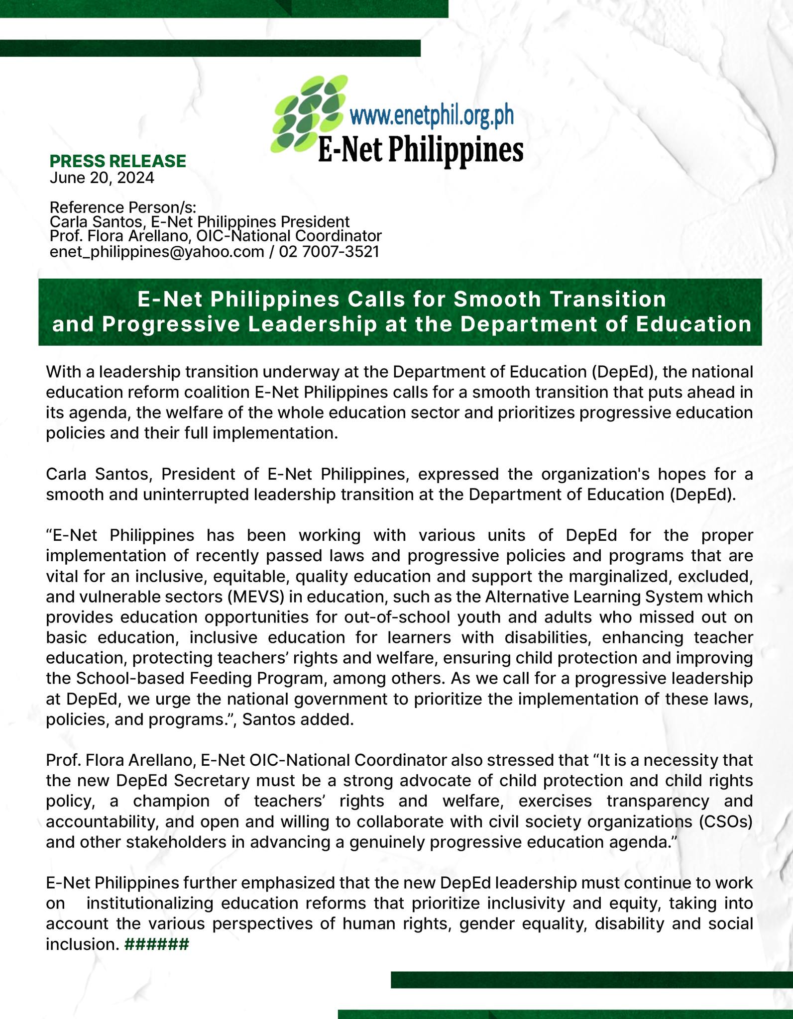 Read more about the article E-Net Philippines Calls for Smooth Transition and Progressive Leadership at the Department of Education