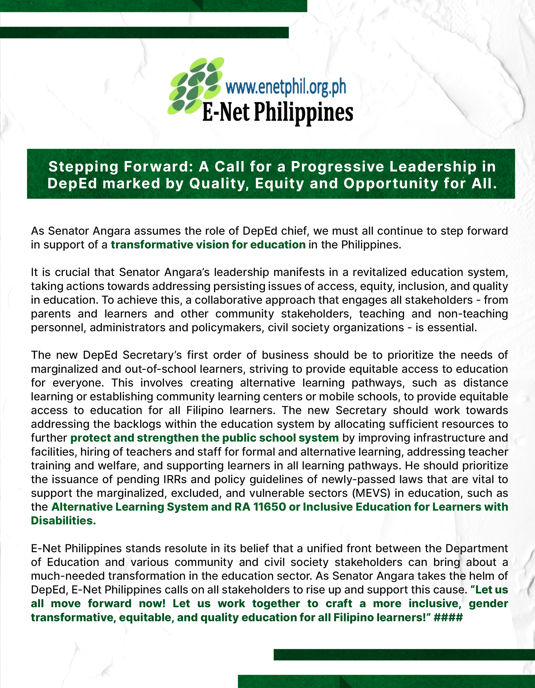 Read more about the article Stepping Forward: A Call for a Progressive Leadership in DepEd marked by Quality, Equity and Opportunity for All.
